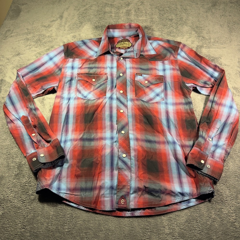Rafter C Red Dirt Collection Mens Plaid Western Pearl Snap Shirt Red Blue M